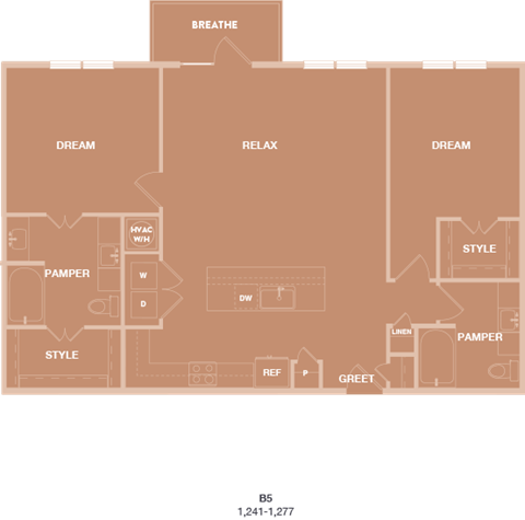 A floor plan of a house with labeled rooms such as RELAX, BREATHE, and STYLE.